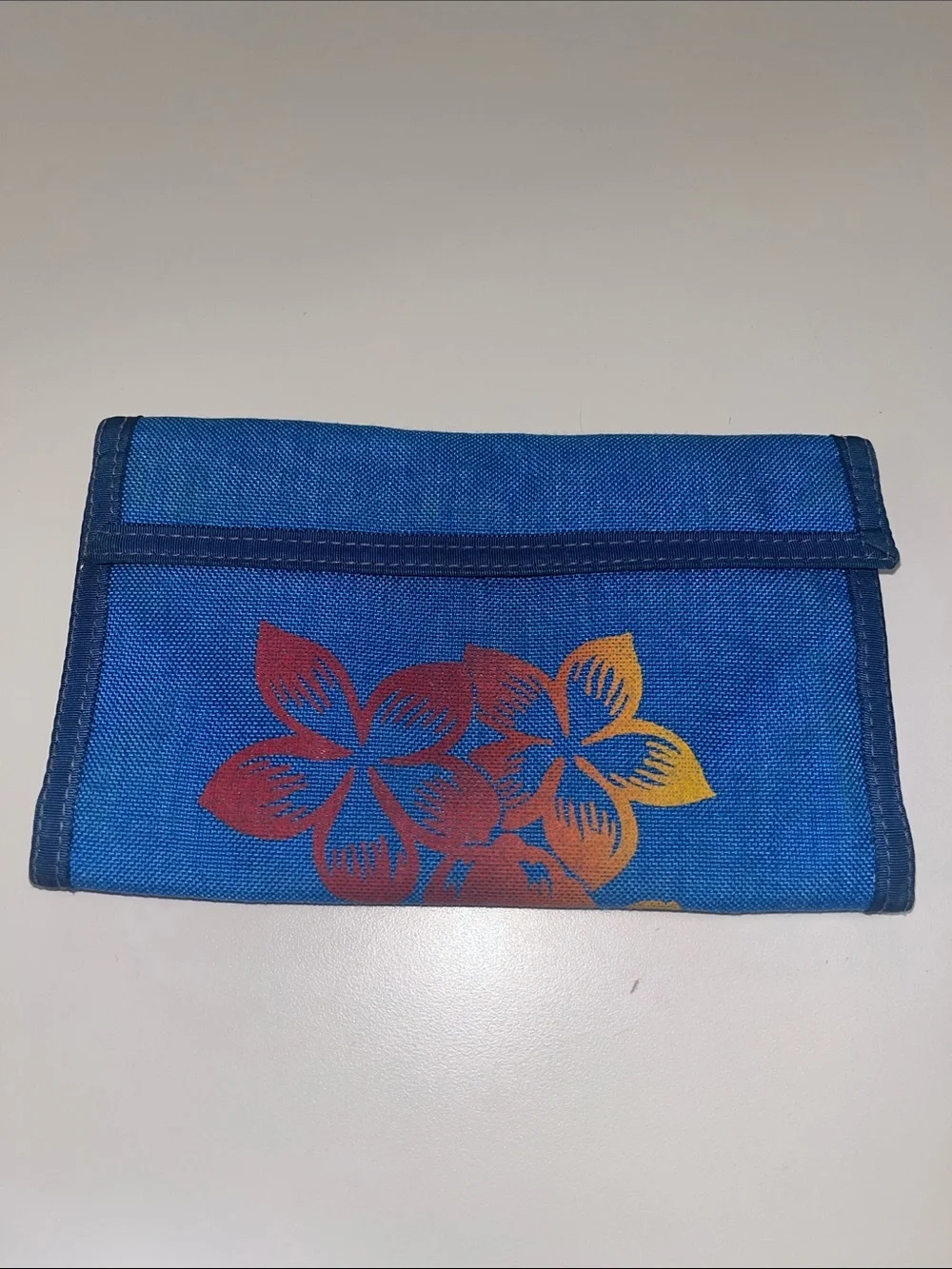 Rainbow Blue Floral Wallet with Red and Yellow Accents